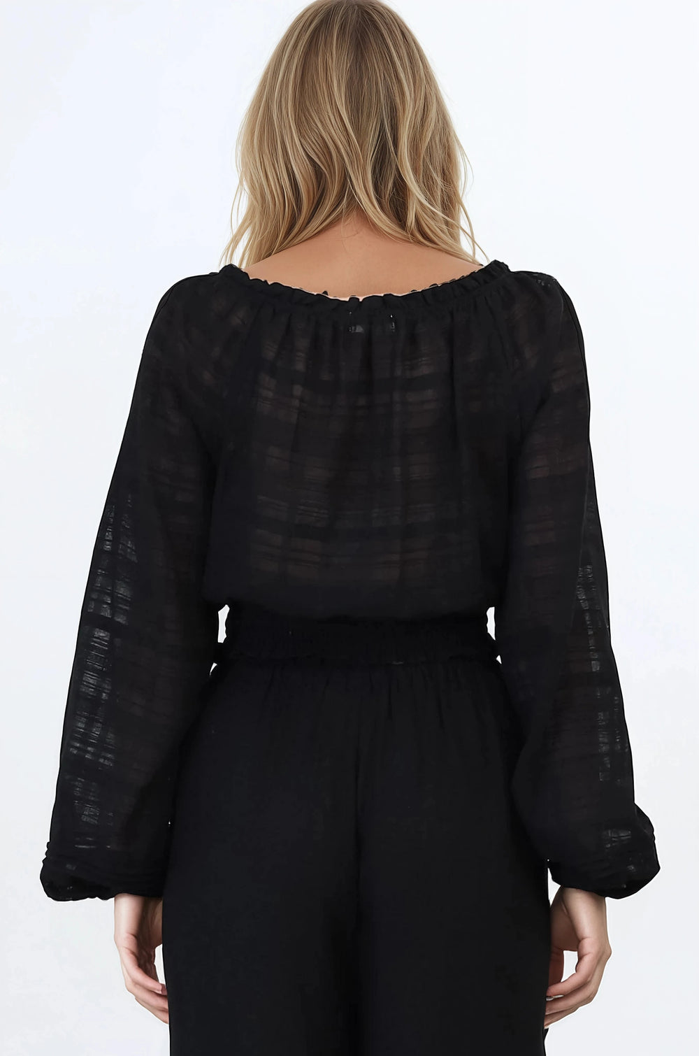Marlon Top - On or Off Shoulder Pin Tuck Detail Long Balloon Sleeve Crop in Black