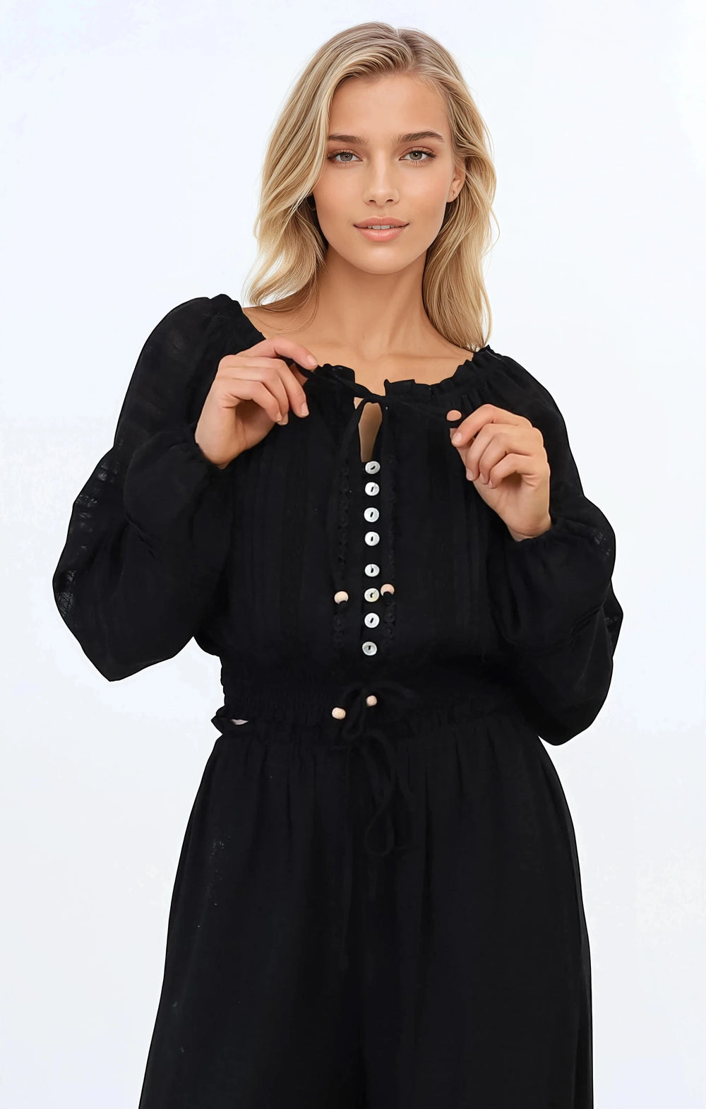 Marlon Top - On or Off Shoulder Pin Tuck Detail Long Balloon Sleeve Crop in Black