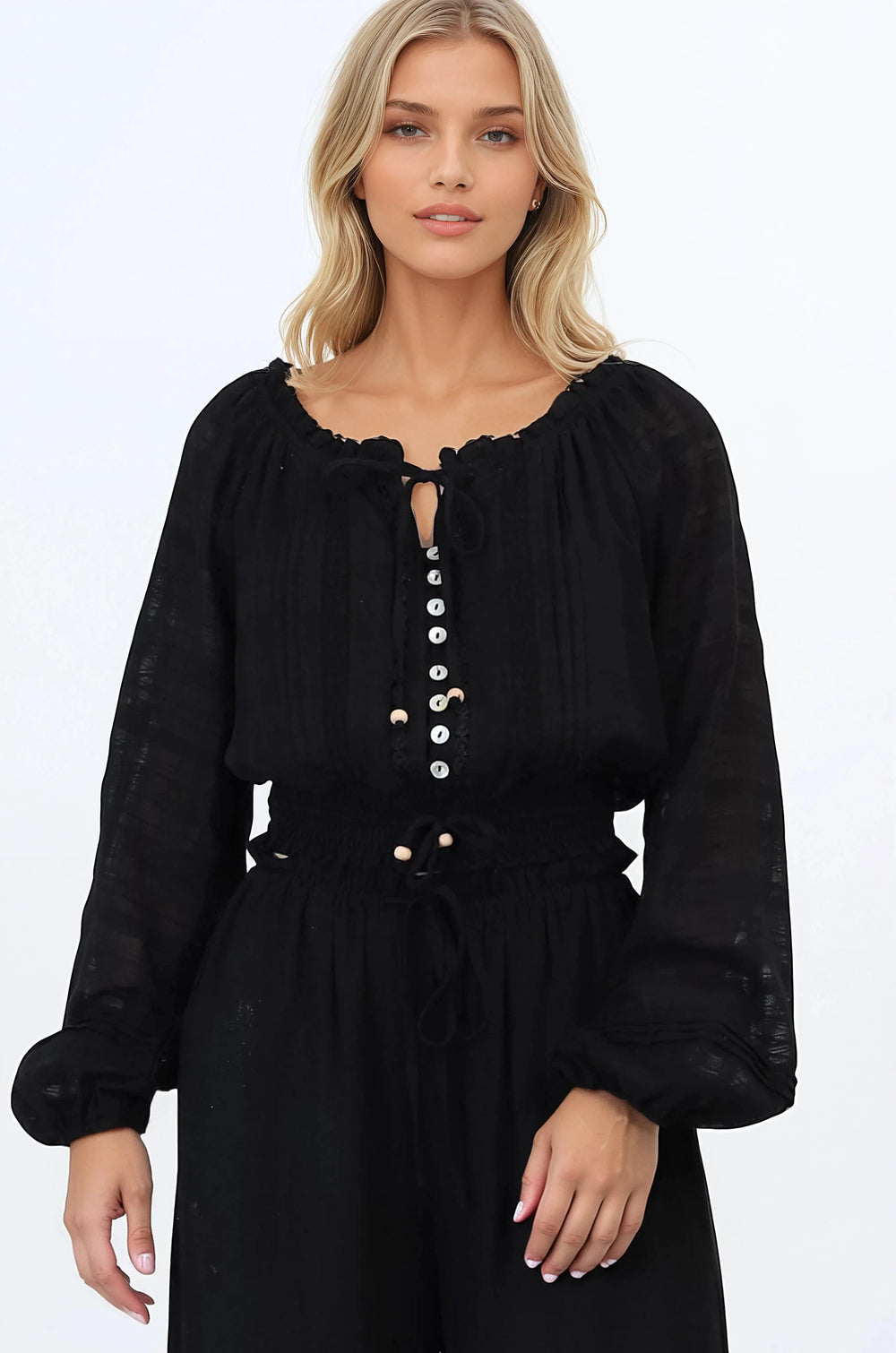 Marlon Top - On or Off Shoulder Pin Tuck Detail Long Balloon Sleeve Crop in Black