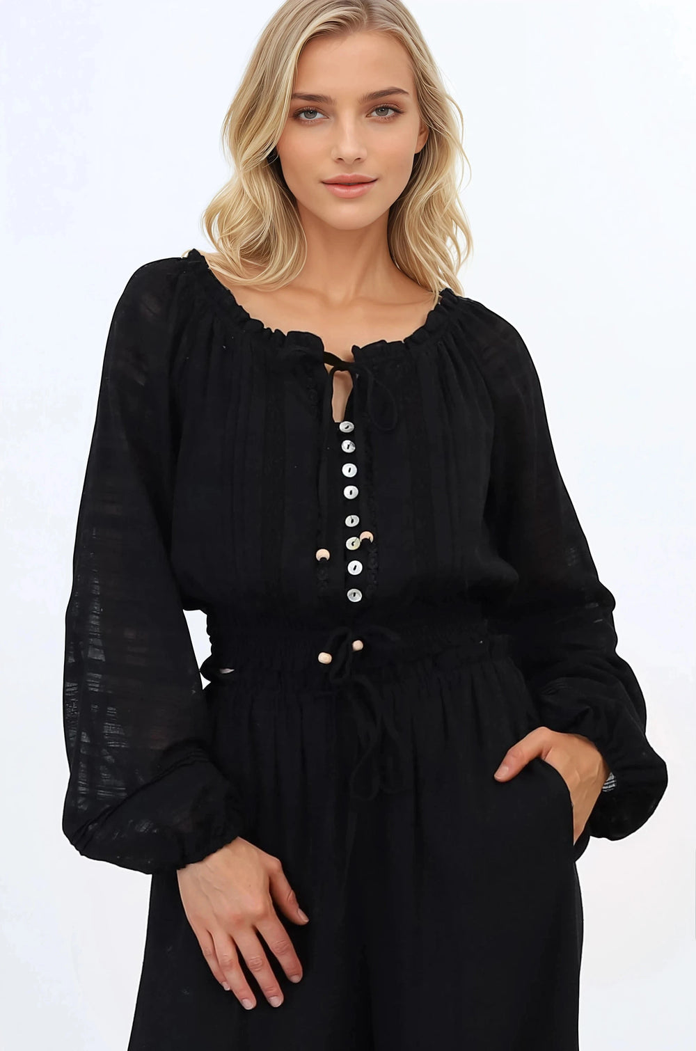Marlon Top - On or Off Shoulder Pin Tuck Detail Long Balloon Sleeve Crop in Black