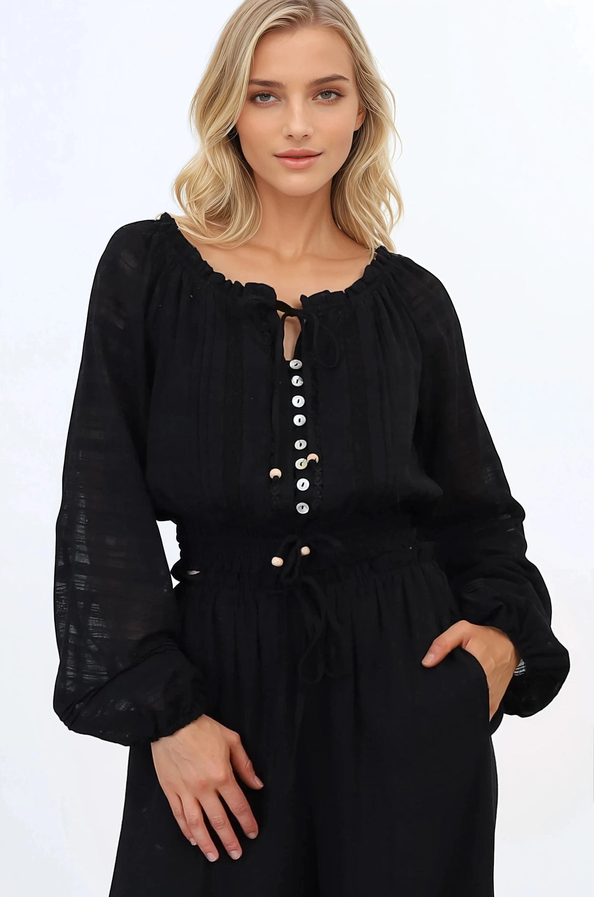 Marlon Top - On or Off Shoulder Pin Tuck Detail Long Balloon Sleeve Crop in Black