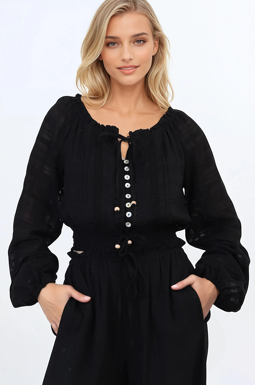 Marlon Top - On or Off Shoulder Pin Tuck Detail Long Balloon Sleeve Crop in Black