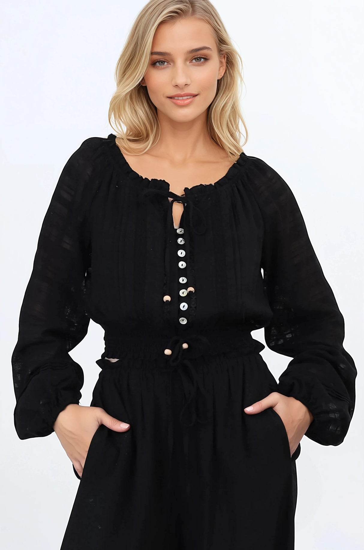 Marlon Top - On or Off Shoulder Pin Tuck Detail Long Balloon Sleeve Crop in Black