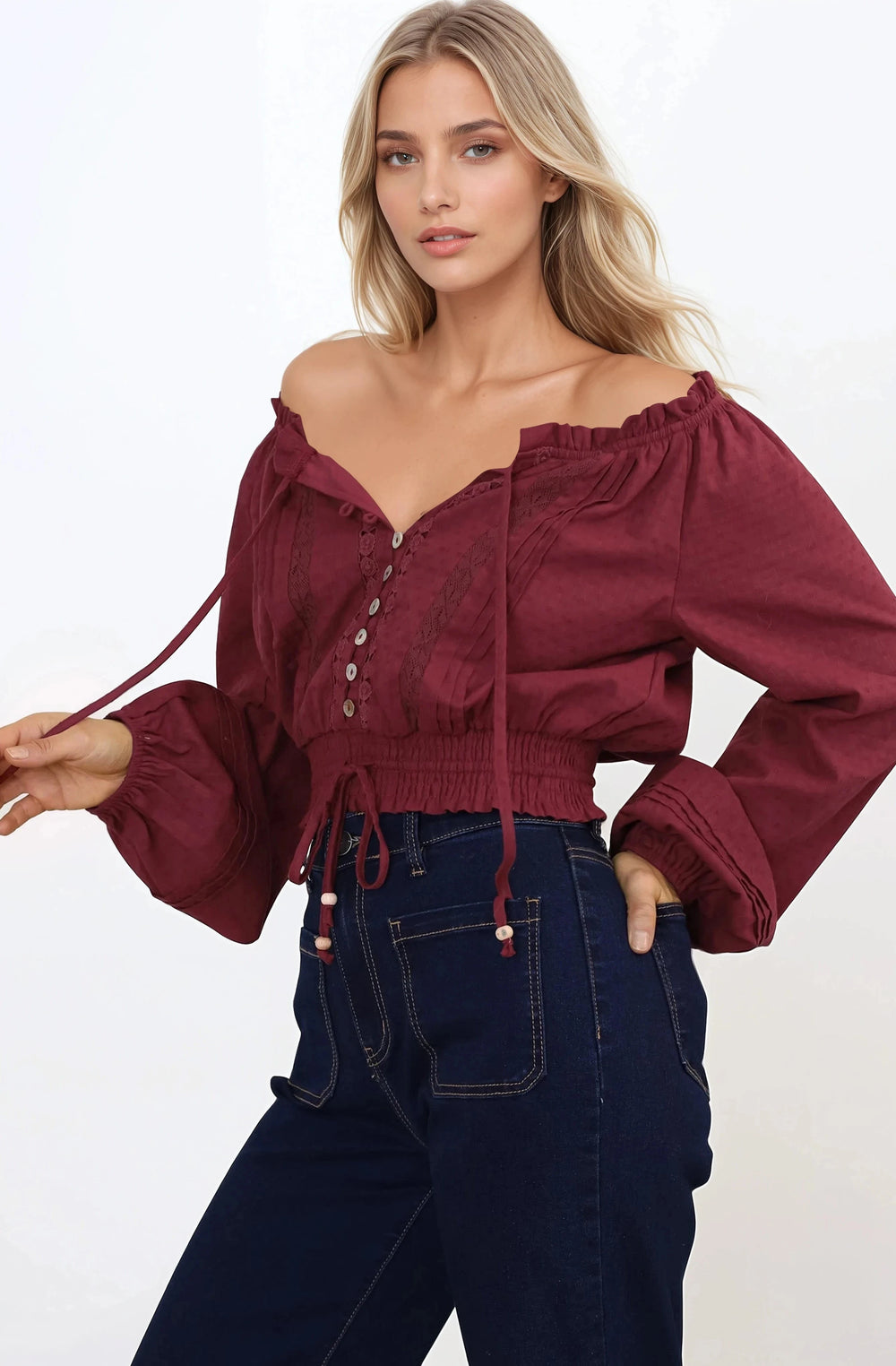 Marlon Top - On or Off Shoulder Pin Tuck Detail Long Balloon Sleeve Crop in Wine