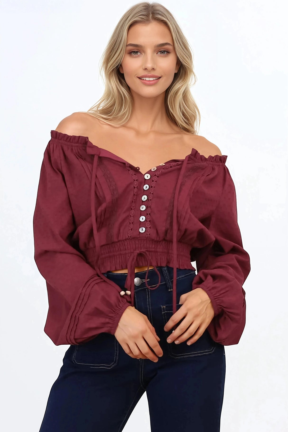 Marlon Top - On or Off Shoulder Pin Tuck Detail Long Balloon Sleeve Crop in Wine