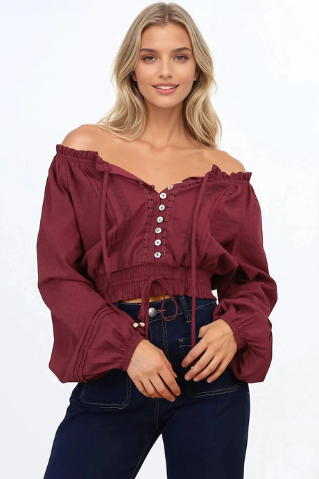 Marlon Top - On or Off Shoulder Pin Tuck Detail Long Balloon Sleeve Crop in Wine