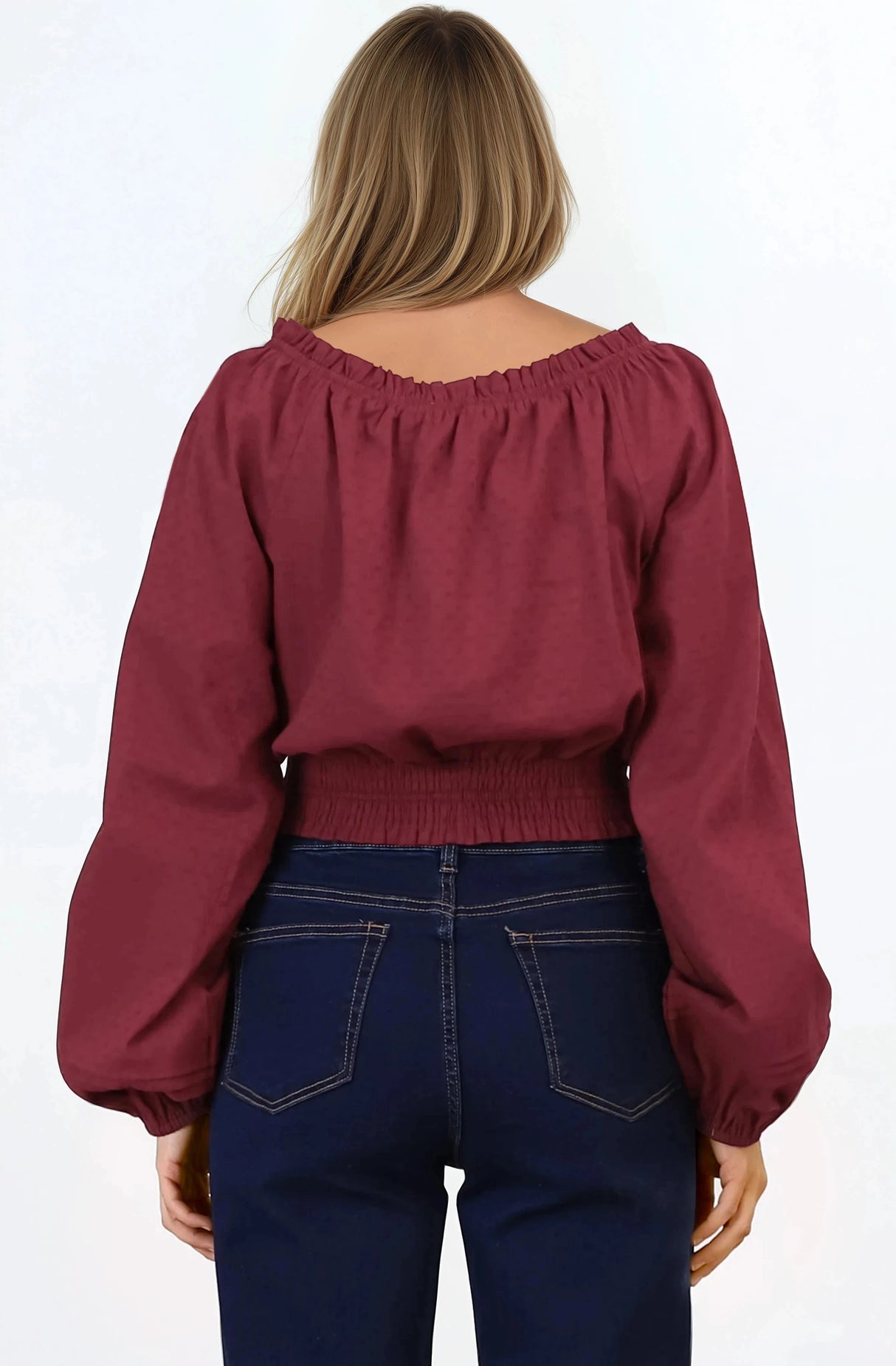 Marlon Top - On or Off Shoulder Pin Tuck Detail Long Balloon Sleeve Crop in Wine