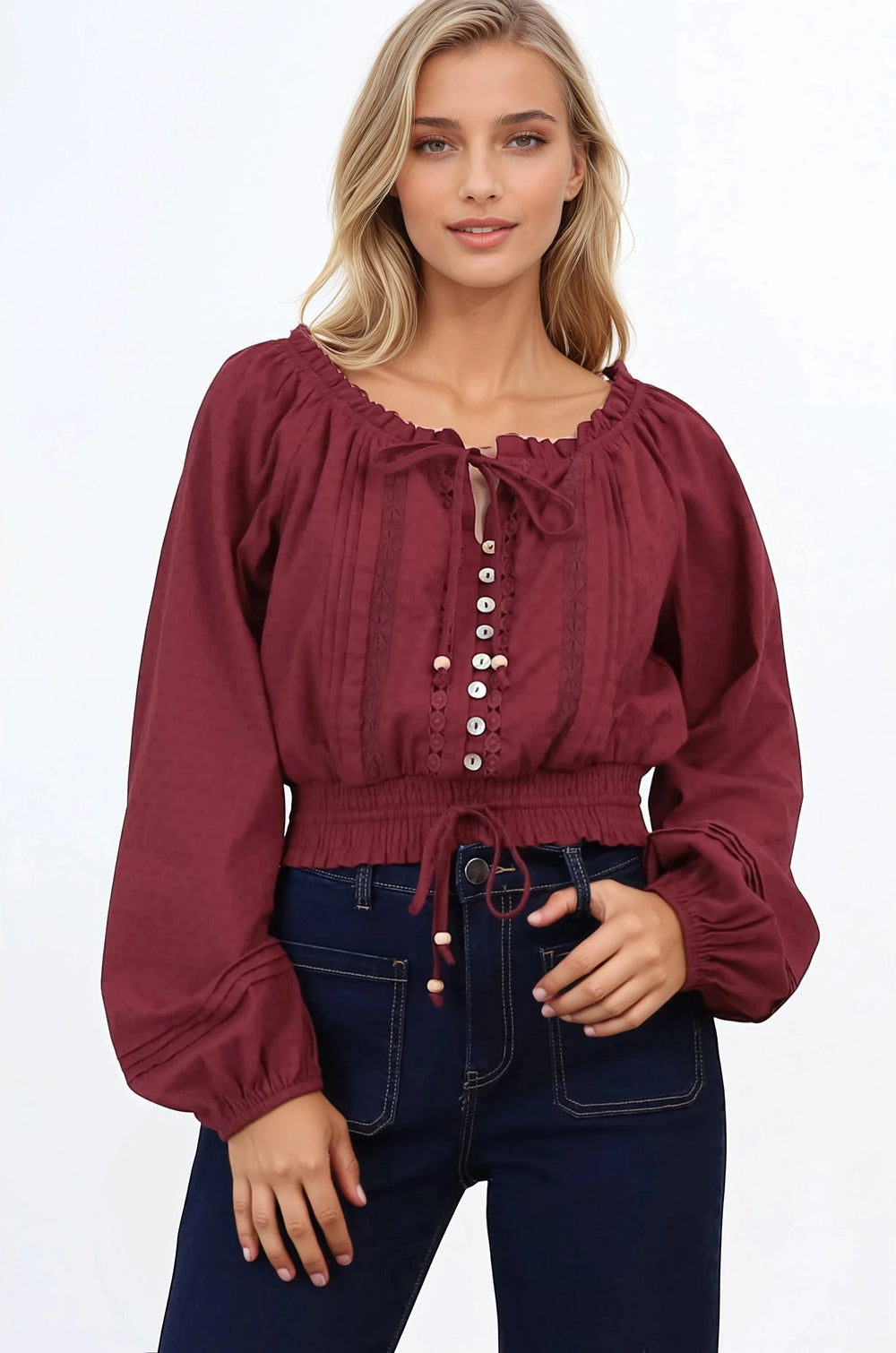 Marlon Top - On or Off Shoulder Pin Tuck Detail Long Balloon Sleeve Crop in Wine