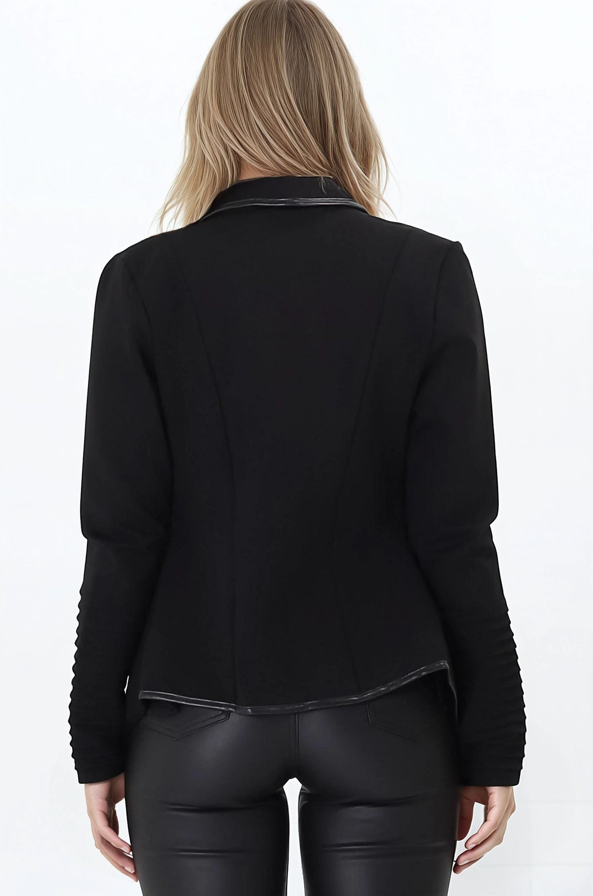 Marlyn Jacket - Faux Leather Trim Lapel Collar Jacket with Pintuck Detailed Sleeves in Black