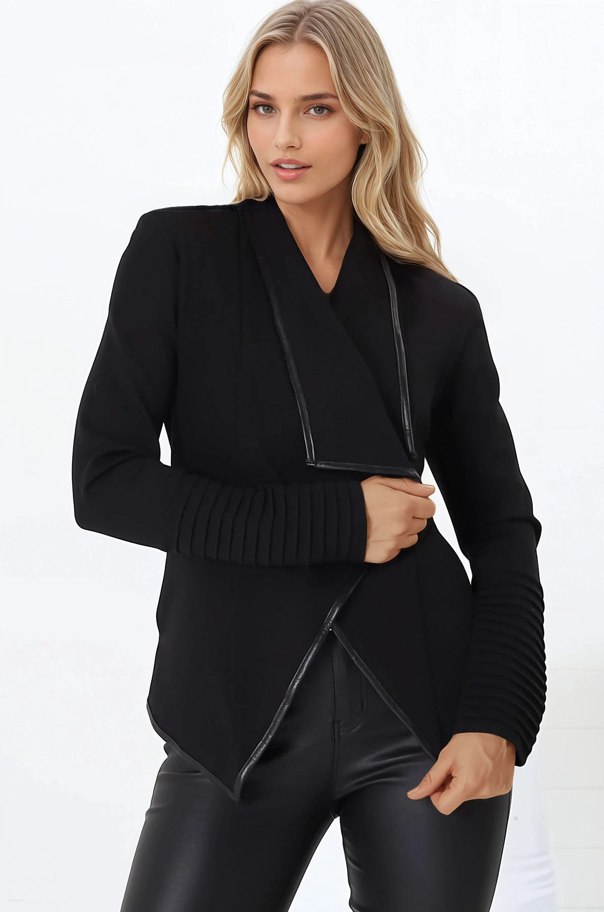 Marlyn Jacket - Faux Leather Trim Lapel Collar Jacket with Pintuck Detailed Sleeves in Black