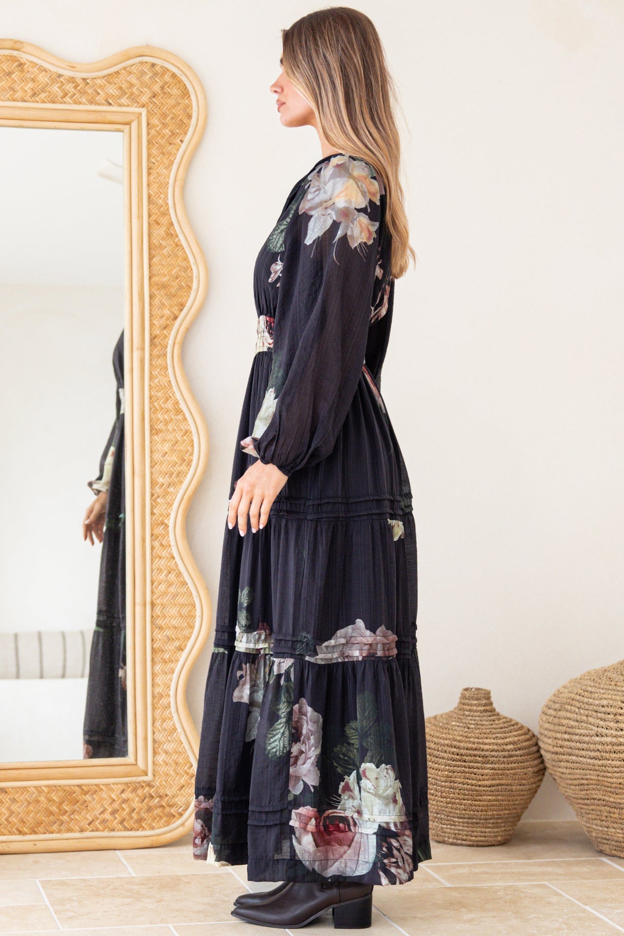 Maroney Maxi Dress - Pleat Detailed A-Line Dress with Balloon Sleeves in Mika Print Navy