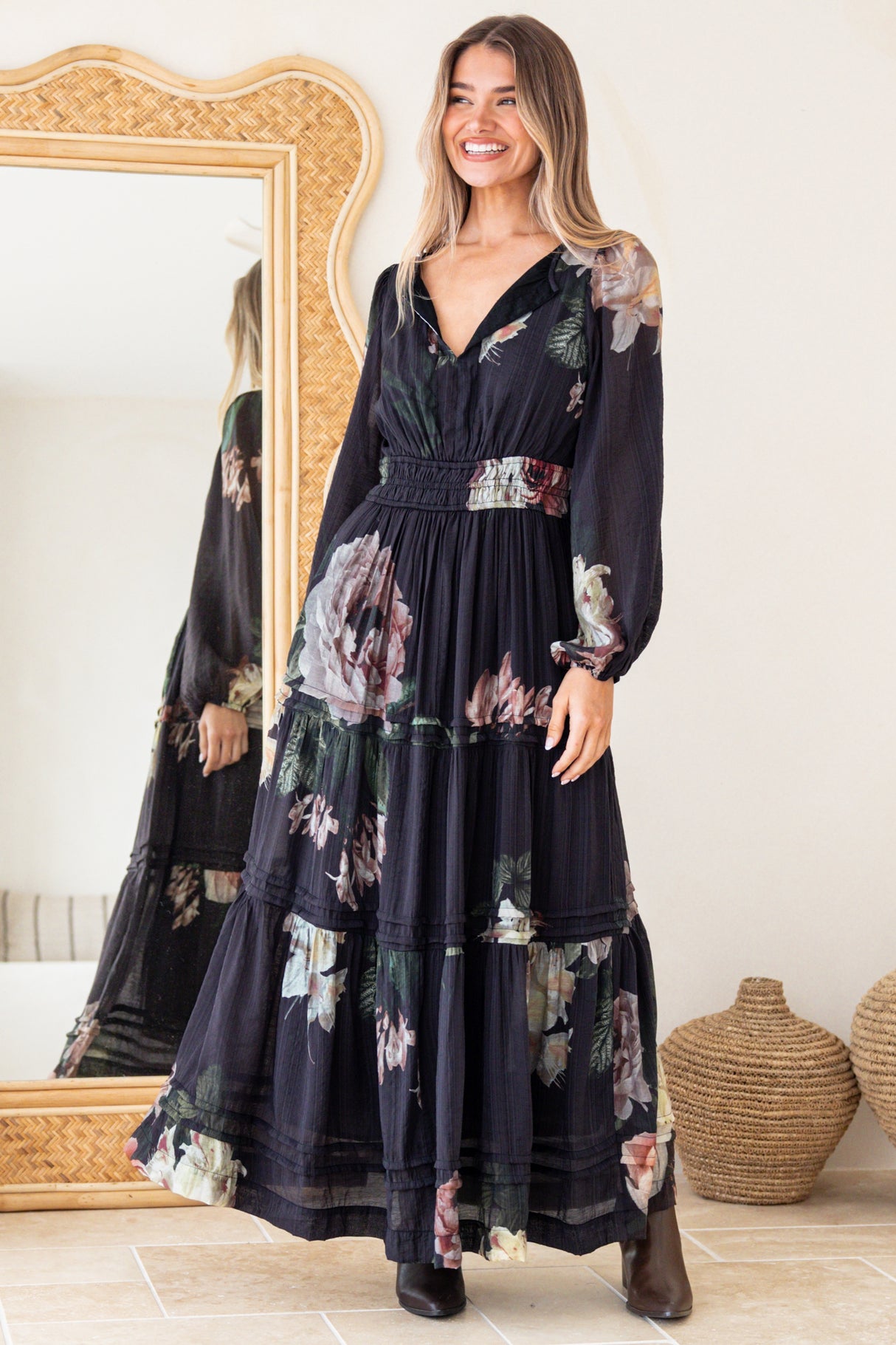 Maroney Maxi Dress - Pleat Detailed A-Line Dress with Balloon Sleeves in Mika Print Navy