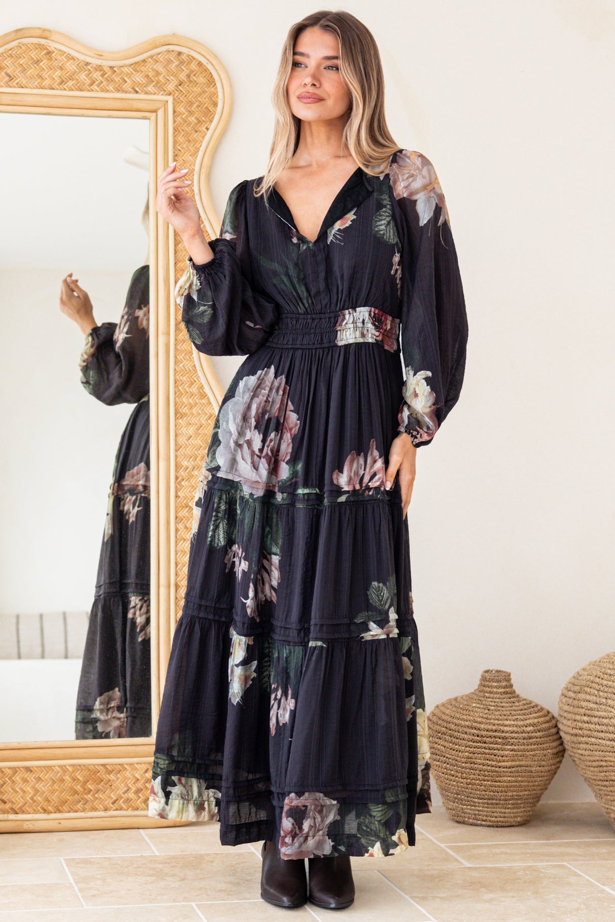 Maroney Maxi Dress - Pleat Detailed A-Line Dress with Balloon Sleeves in Mika Print Navy