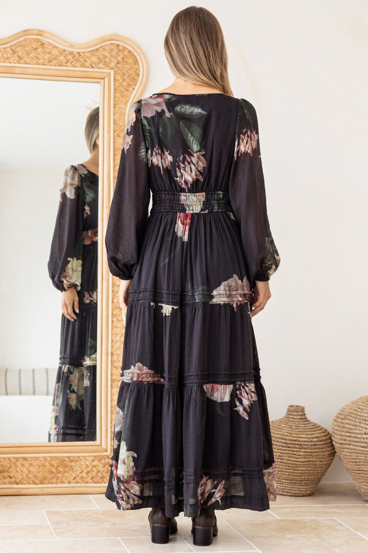 Maroney Maxi Dress - Pleat Detailed A-Line Dress with Balloon Sleeves in Mika Print
