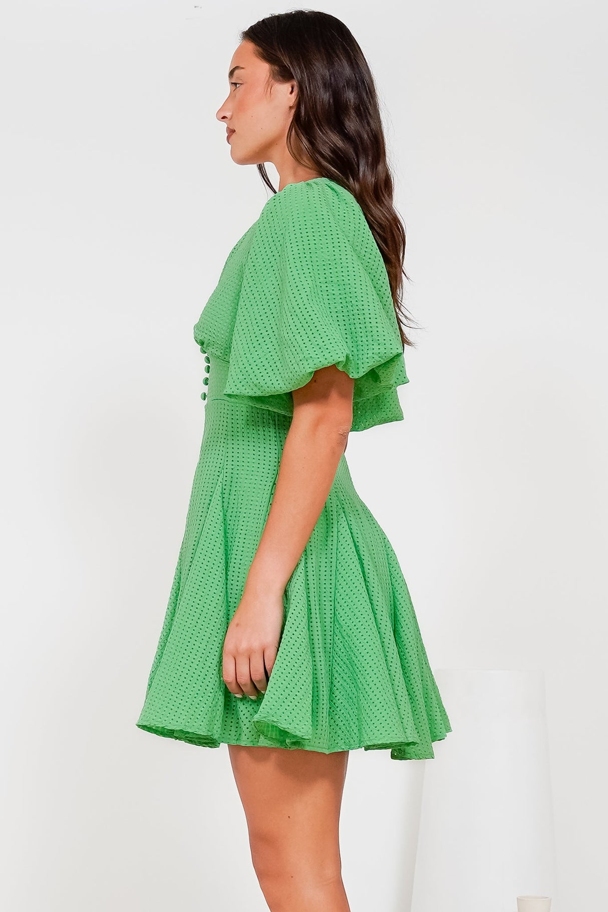 Marsala Mini Dress - V-Neck Puff Sleeve Skater Skirt Dress in Green