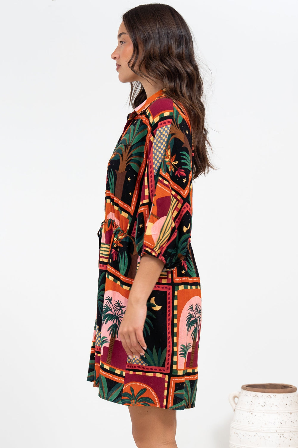 Marsdan Mini Dress - Collared Buttoned Bodice Pull Tie Waist Dress in Casablanca Print