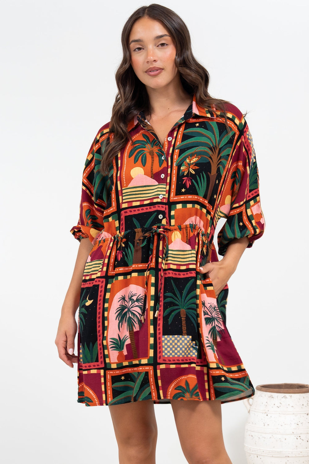 Marsdan Mini Dress - Collared Buttoned Bodice Pull Tie Waist Dress in Casablanca Print