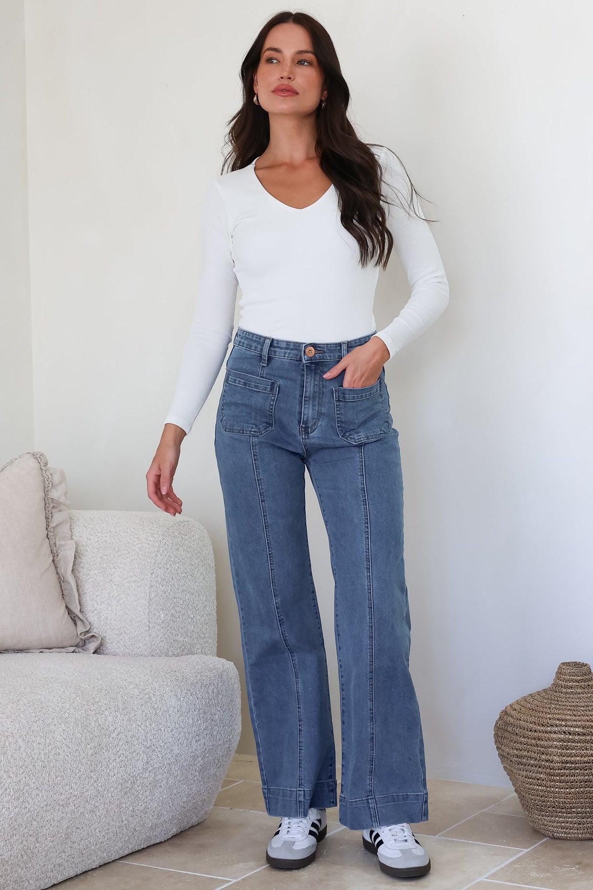 Marsha Jeans - High Waisted Wide Leg Jean with Front Seam Detail in Mid Denim Wash