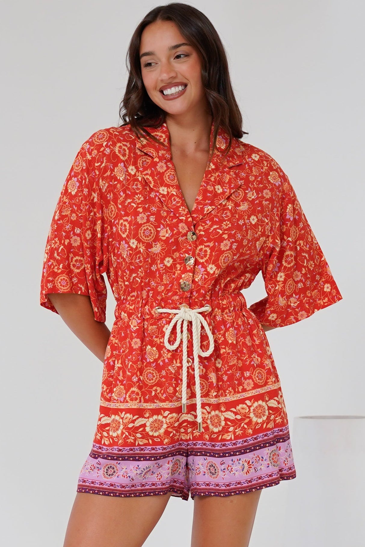 Marylin Playsuit - Collared Button Down Playsuit with Rope Pull Tie Waist in Maevi Print