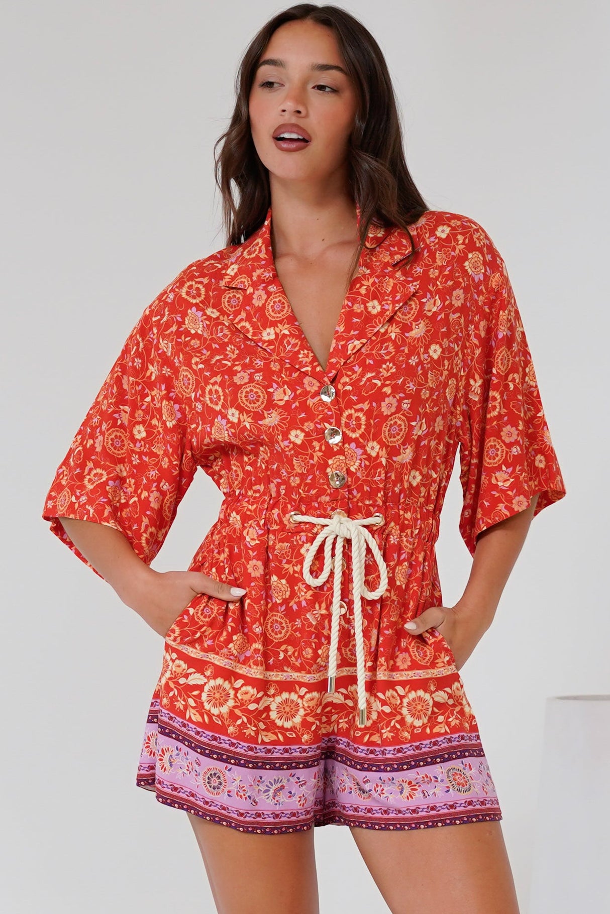 Marylin Playsuit - Collared Button Down Playsuit with Rope Pull Tie Waist in Maevi Print