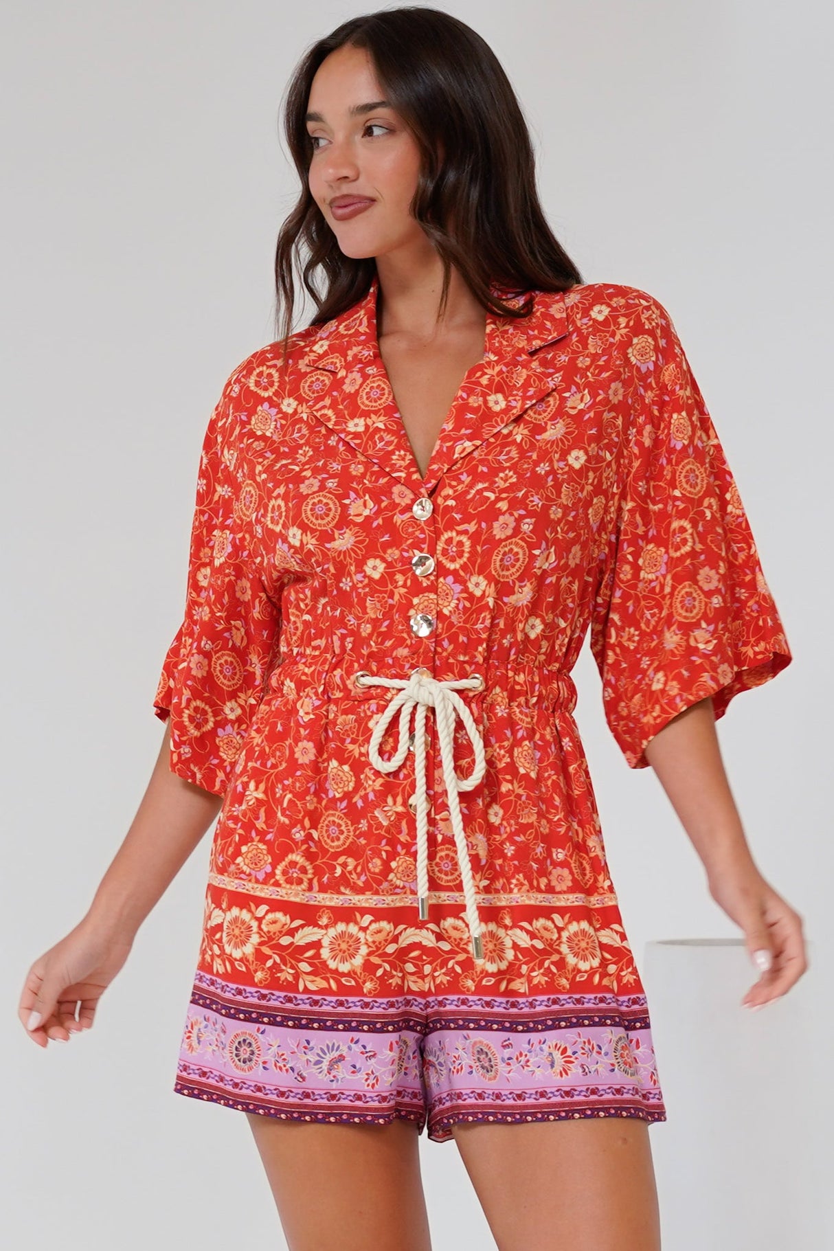 Marylin Playsuit - Collared Button Down Playsuit with Rope Pull Tie Waist in Maevi Print