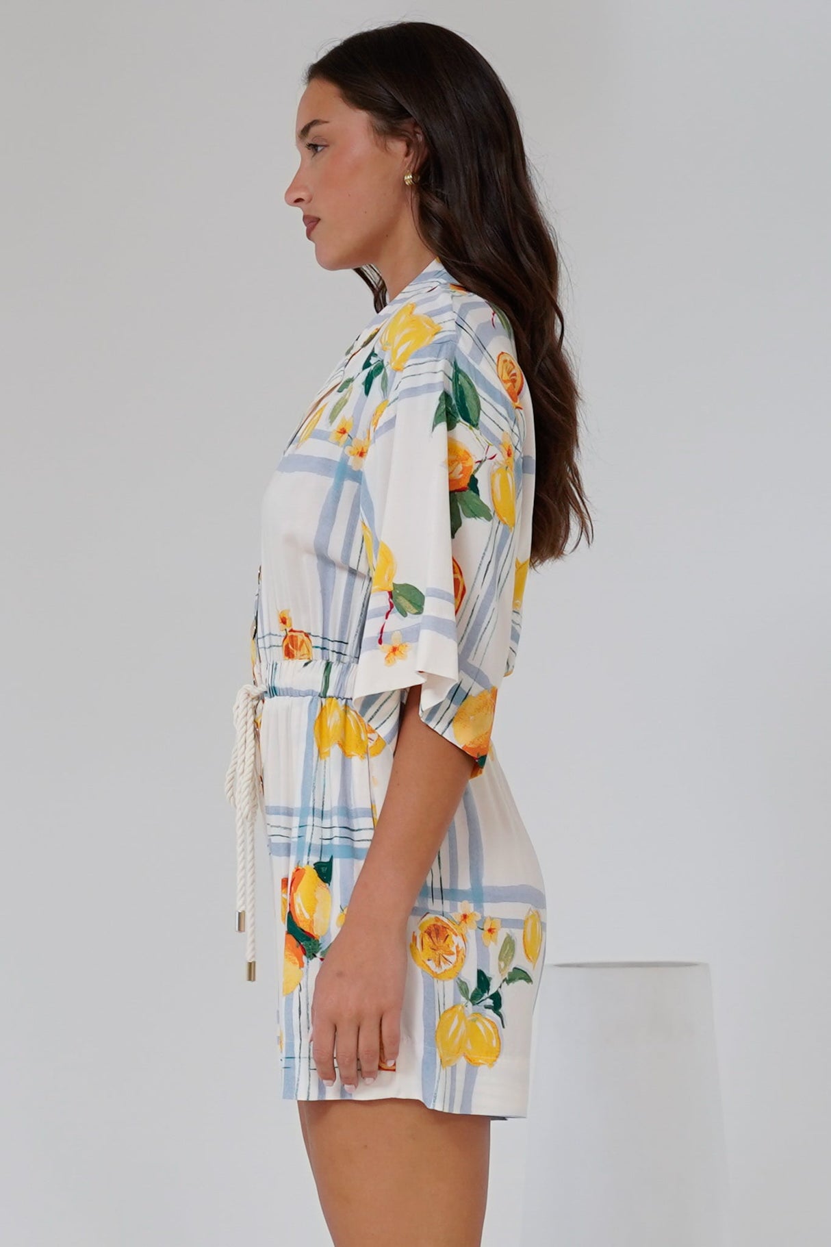 Marylin Playsuit - Collared Button Down Playsuit with Rope Pull Tie Waist in San Vitto Print