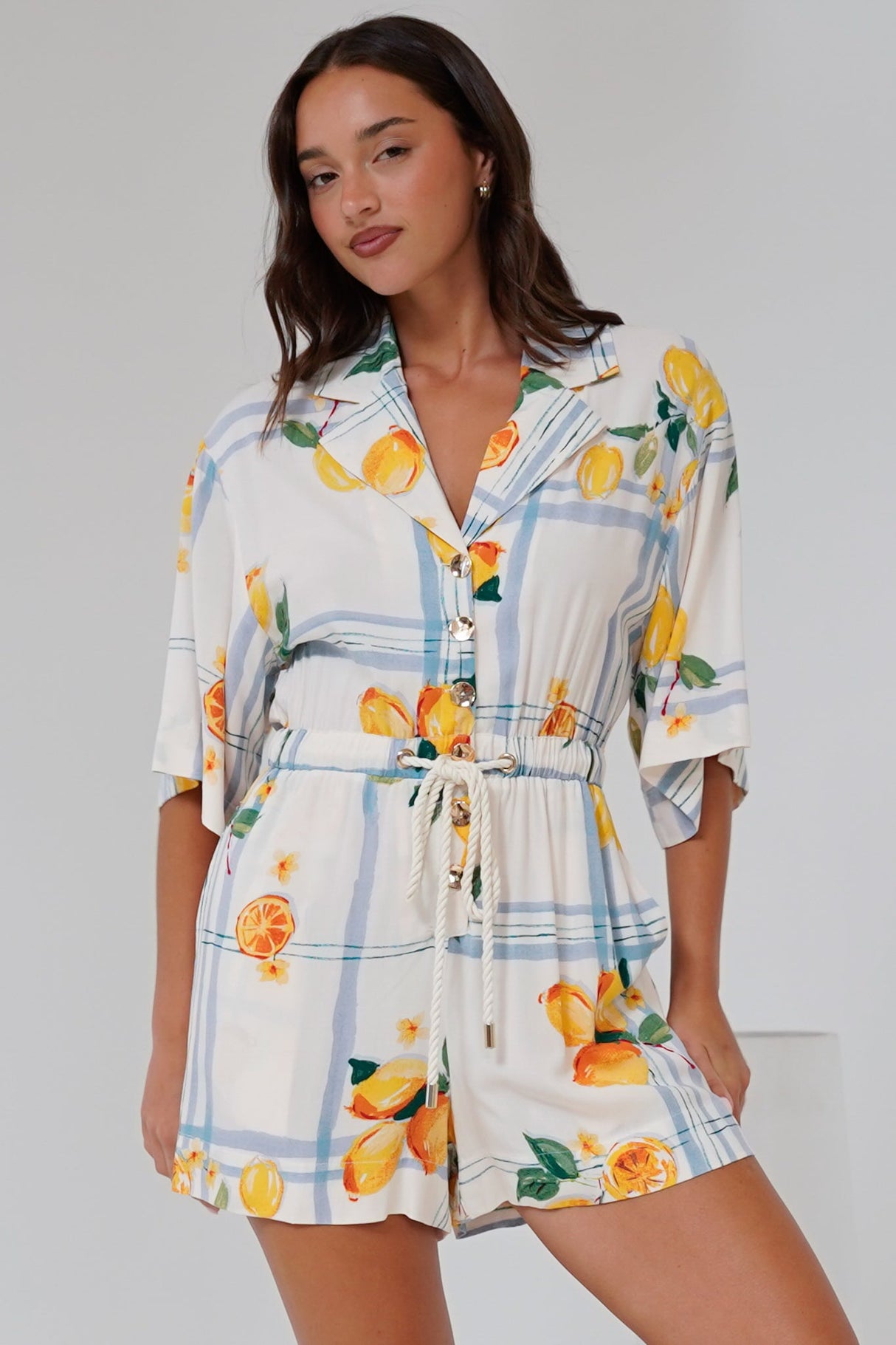 Marylin Playsuit - Collared Button Down Playsuit with Rope Pull Tie Waist in San Vitto Print