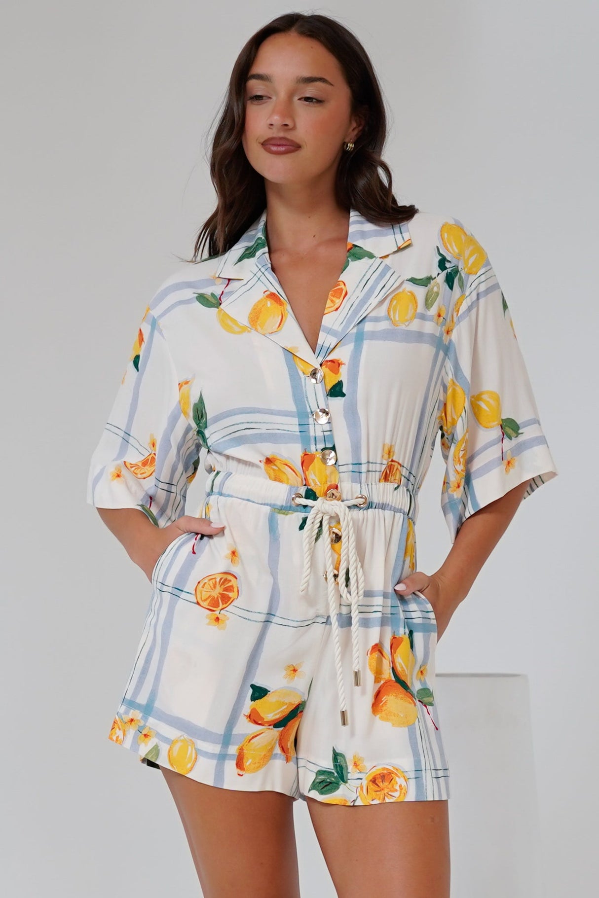 Marylin Playsuit - Collared Button Down Playsuit with Rope Pull Tie Waist in San Vitto Print