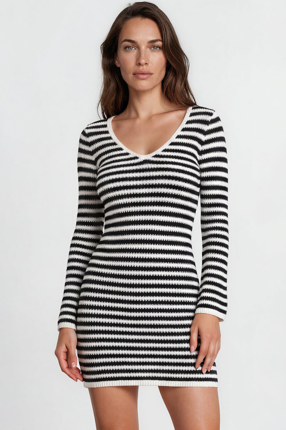 Model wearing Marza Mini Dress in Black/White from Salty Crush