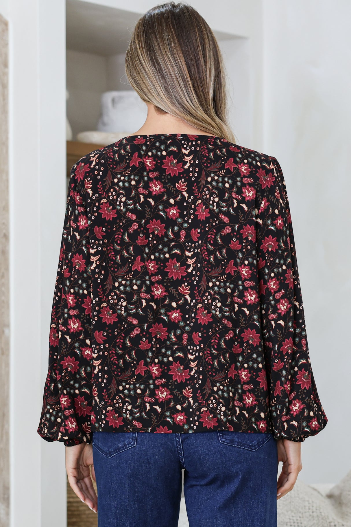 Mathilde Top - Soft V-Neck Pull Over with Long Sleeves and Neck Tie with Tassels in Nanushka Print