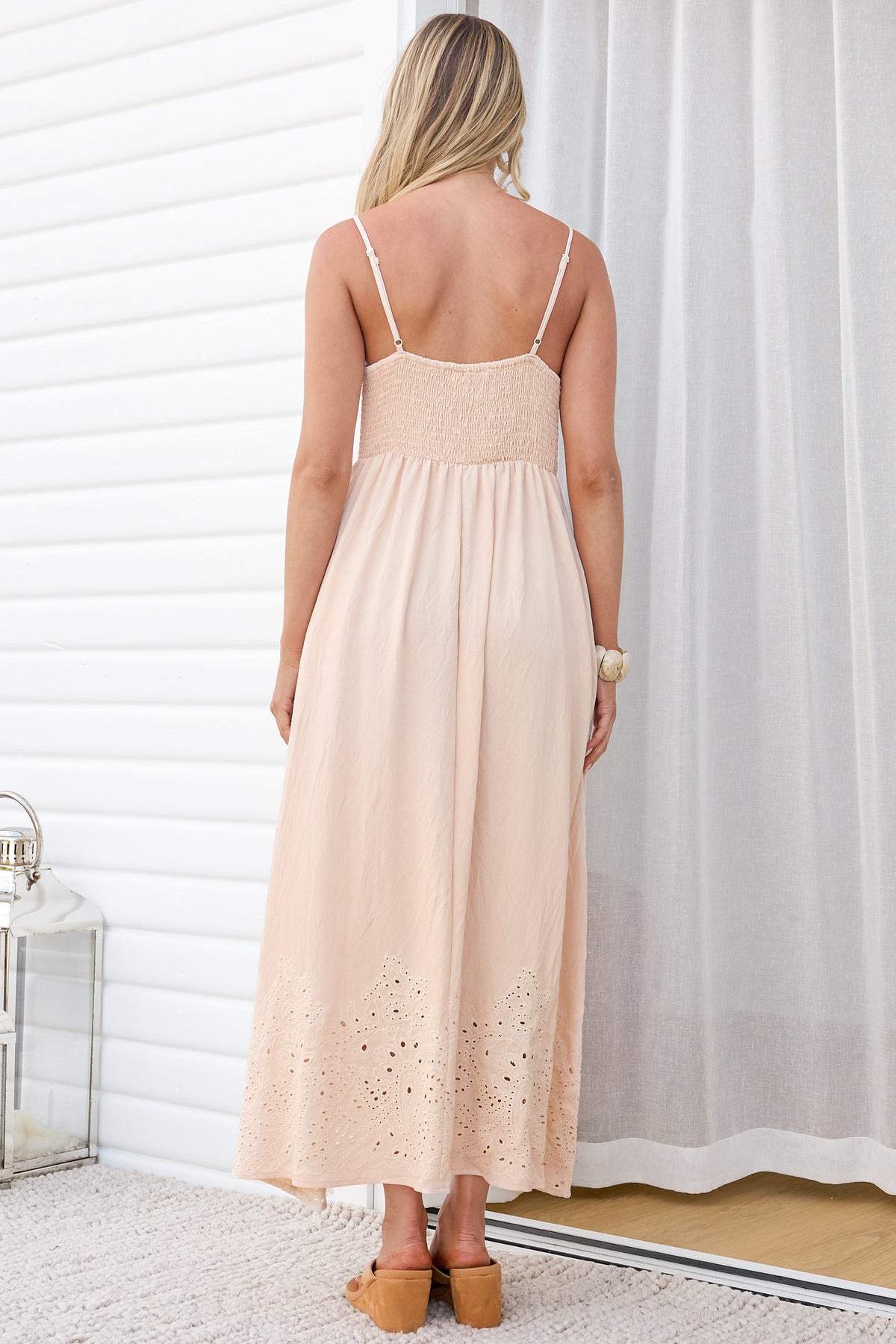 Matilda Midi Dress - Broadleaf Eyelet Embroidered A Line Dress with Adjustable Straps in Cream