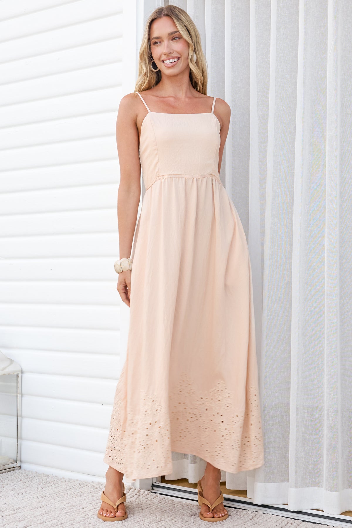 Matilda Midi Dress - Broadleaf Eyelet Embroidered A Line Dress with Adjustable Straps in Cream