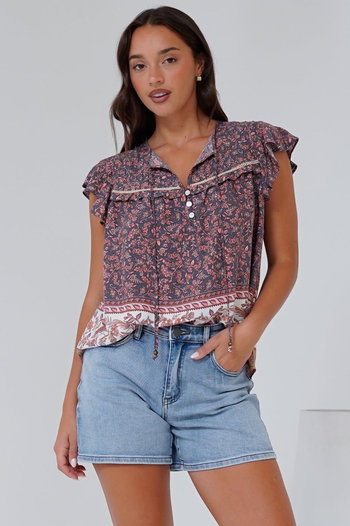 Matteo Top - Frill Sleeve Pull Over Top with Neck Tie Detail in Perry Print
