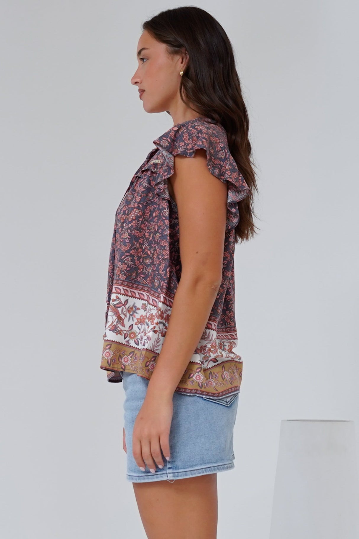Matteo Top - Frill Sleeve Pull Over Top with Neck Tie Detail in Perry Print