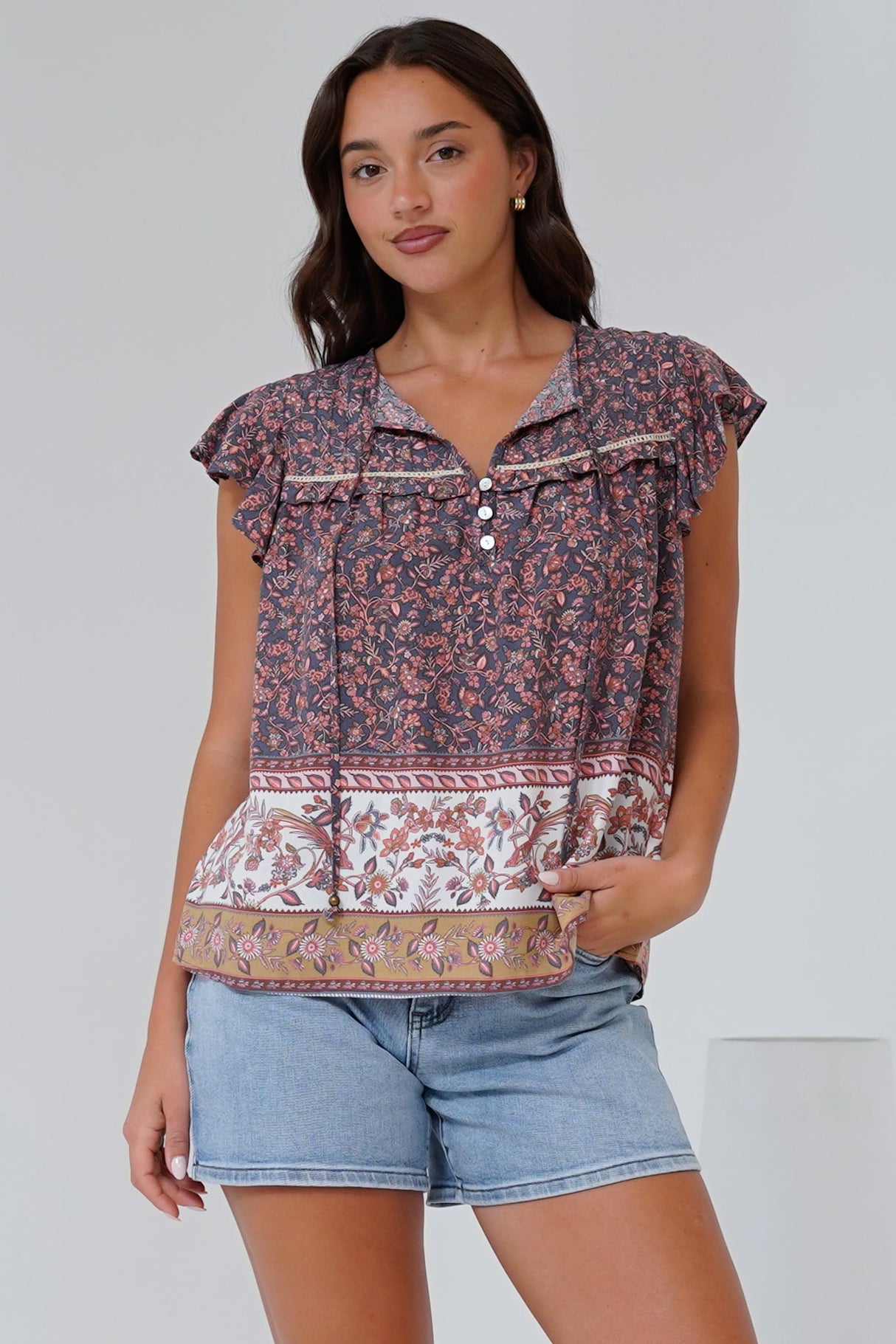 Matteo Top - Frill Sleeve Pull Over Top with Neck Tie Detail in Perry Print