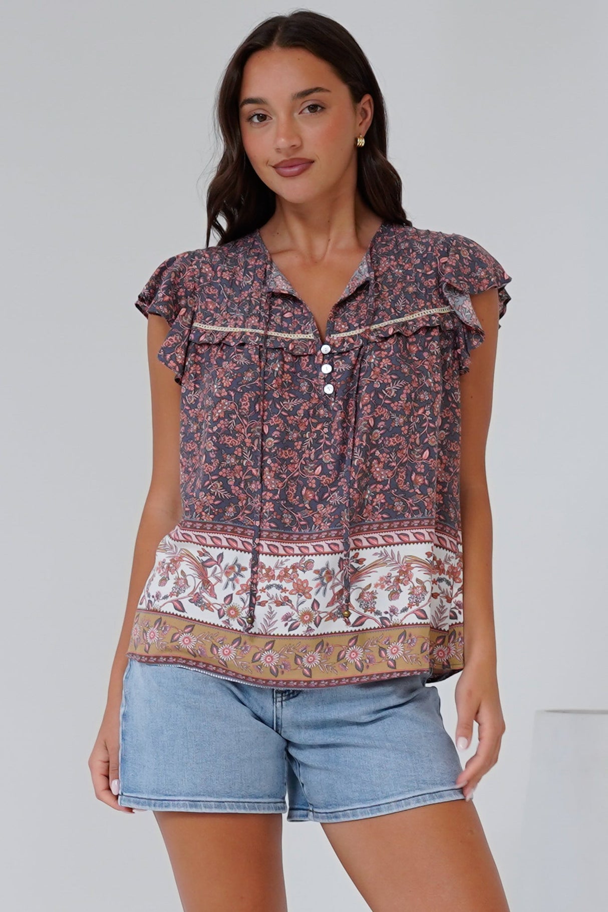 Matteo Top - Frill Sleeve Pull Over Top with Neck Tie Detail in Perry Print