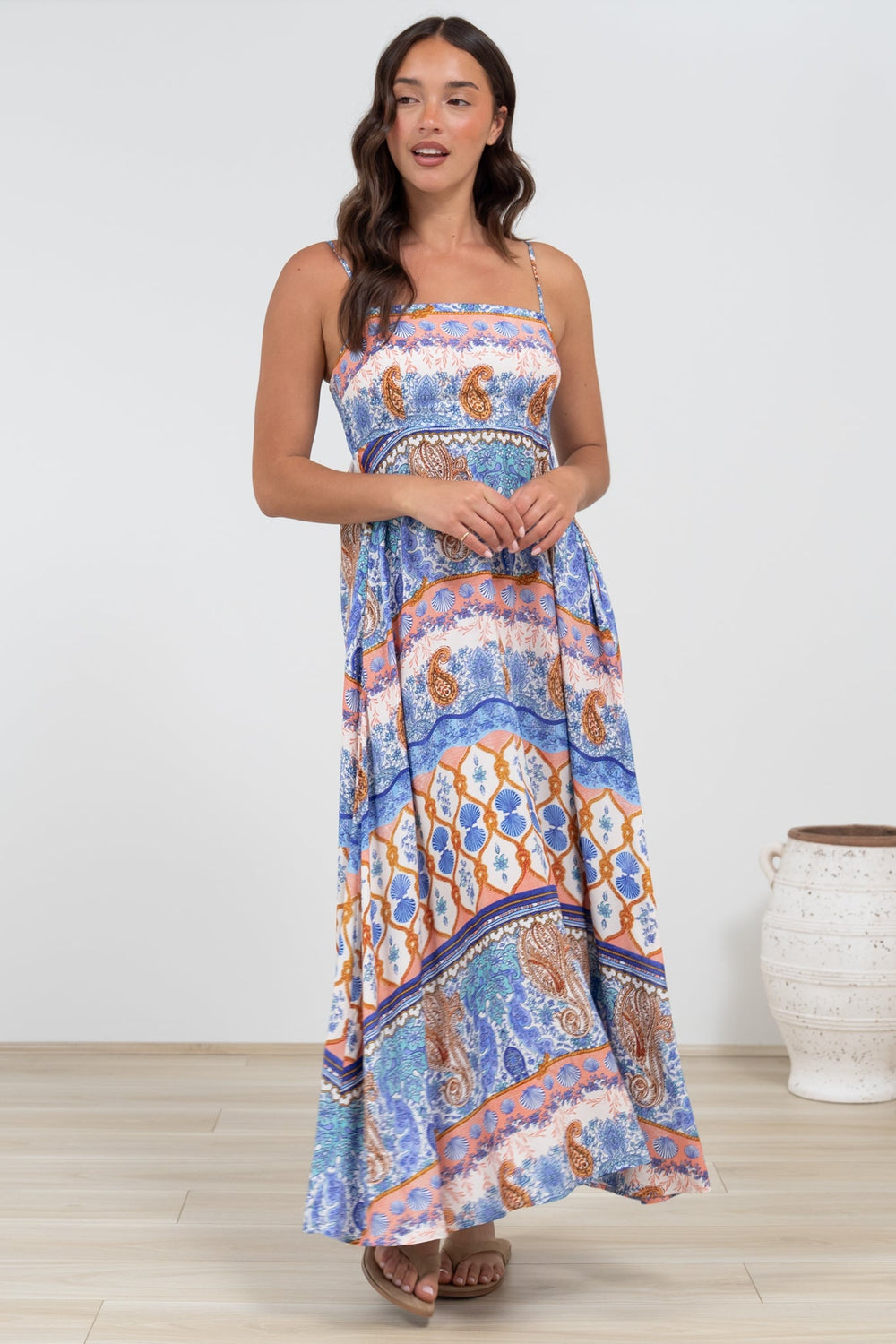 Mattina Maxi Dress: Spaghetti Strap Sun Dress in Belly Print