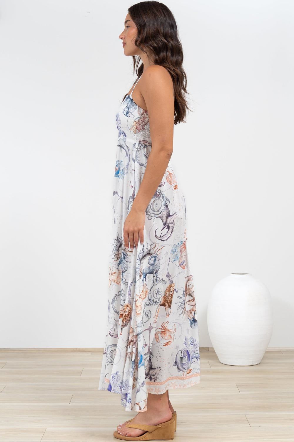Mattina Maxi Dress: Spaghetti Strap Sun Dress in Zodiac Print