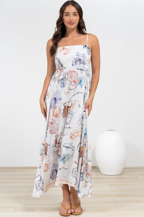 Mattina Maxi Dress: Spaghetti Strap Sun Dress in Zodiac Print