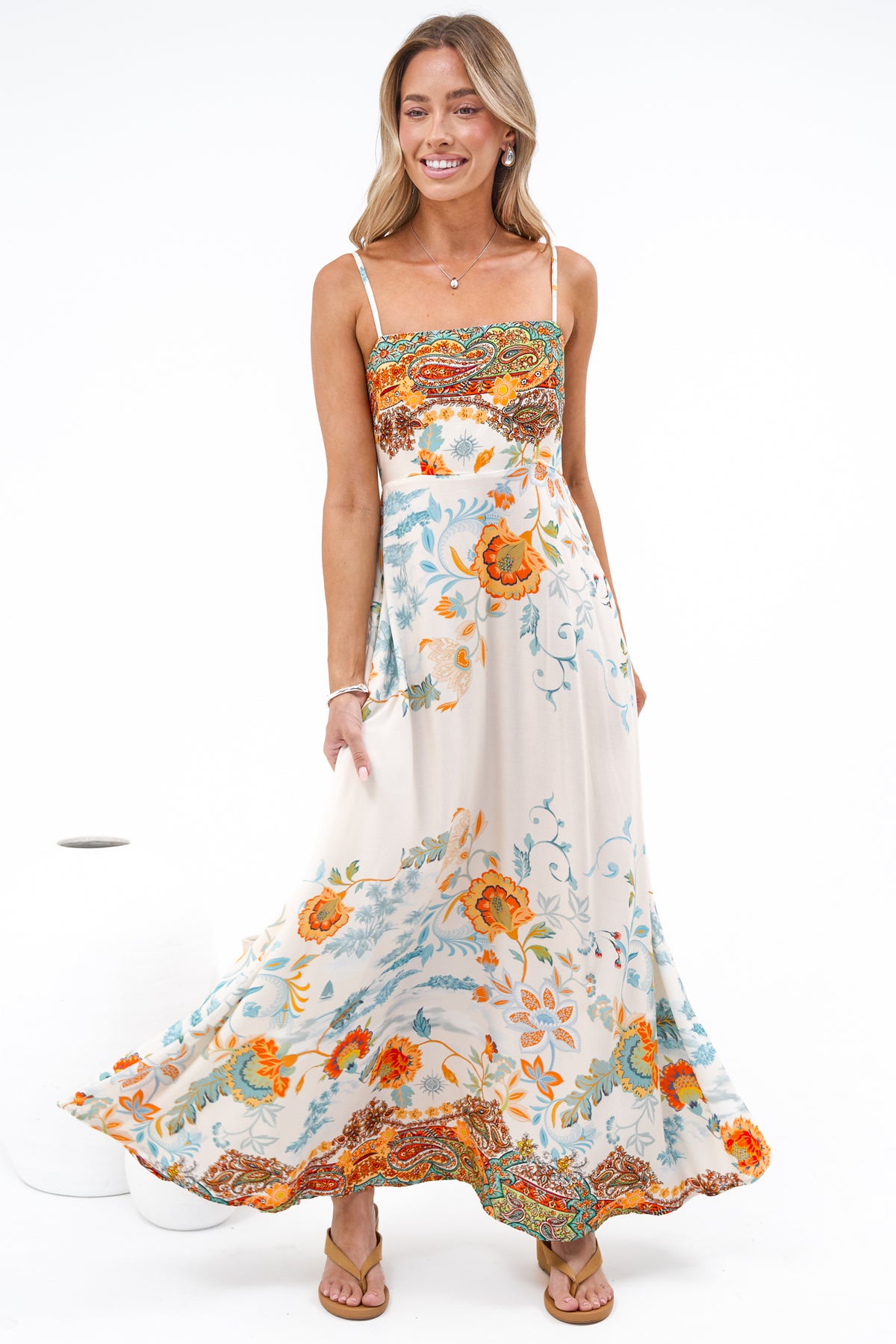 Mattina Maxi Dress: Spaghetti Strap Sun Dress in Tavira Print