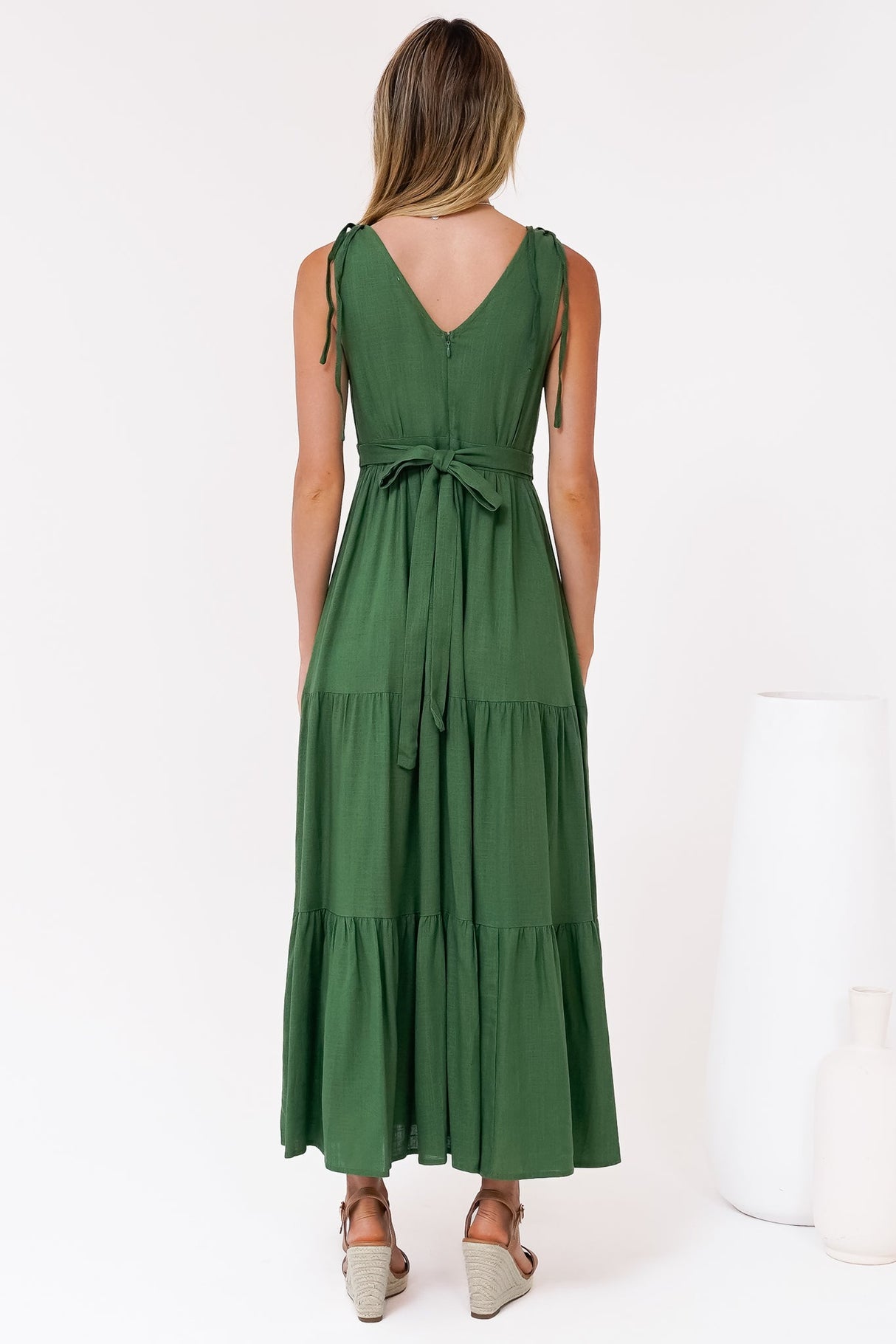 Maude Maxi Dress - Deep V-Neck Ties on Shoulders Tiered Dress in Green