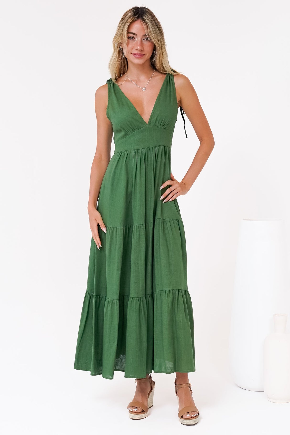 Maude Maxi Dress - Deep V-Neck Ties on Shoulders Tiered Dress in Green