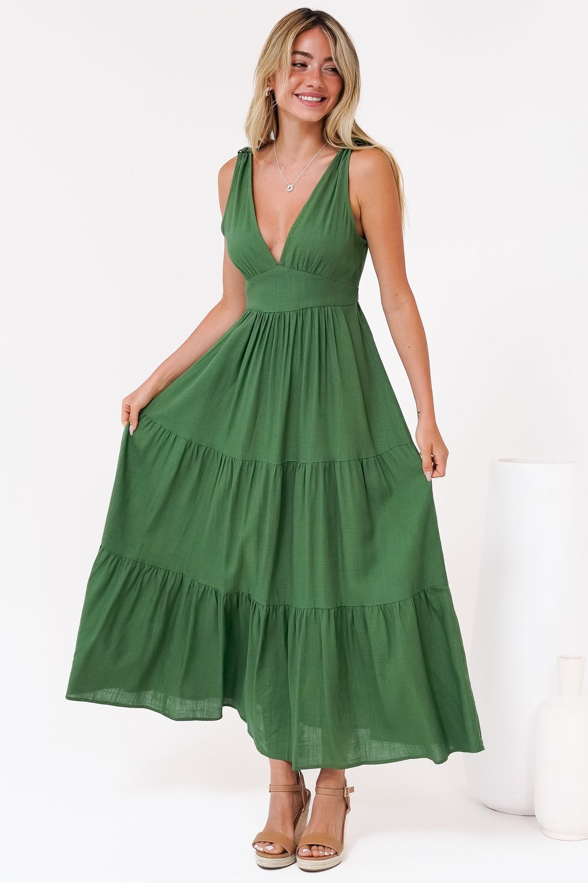 Maude Maxi Dress - Deep V-Neck Ties on Shoulders Tiered Dress in Green