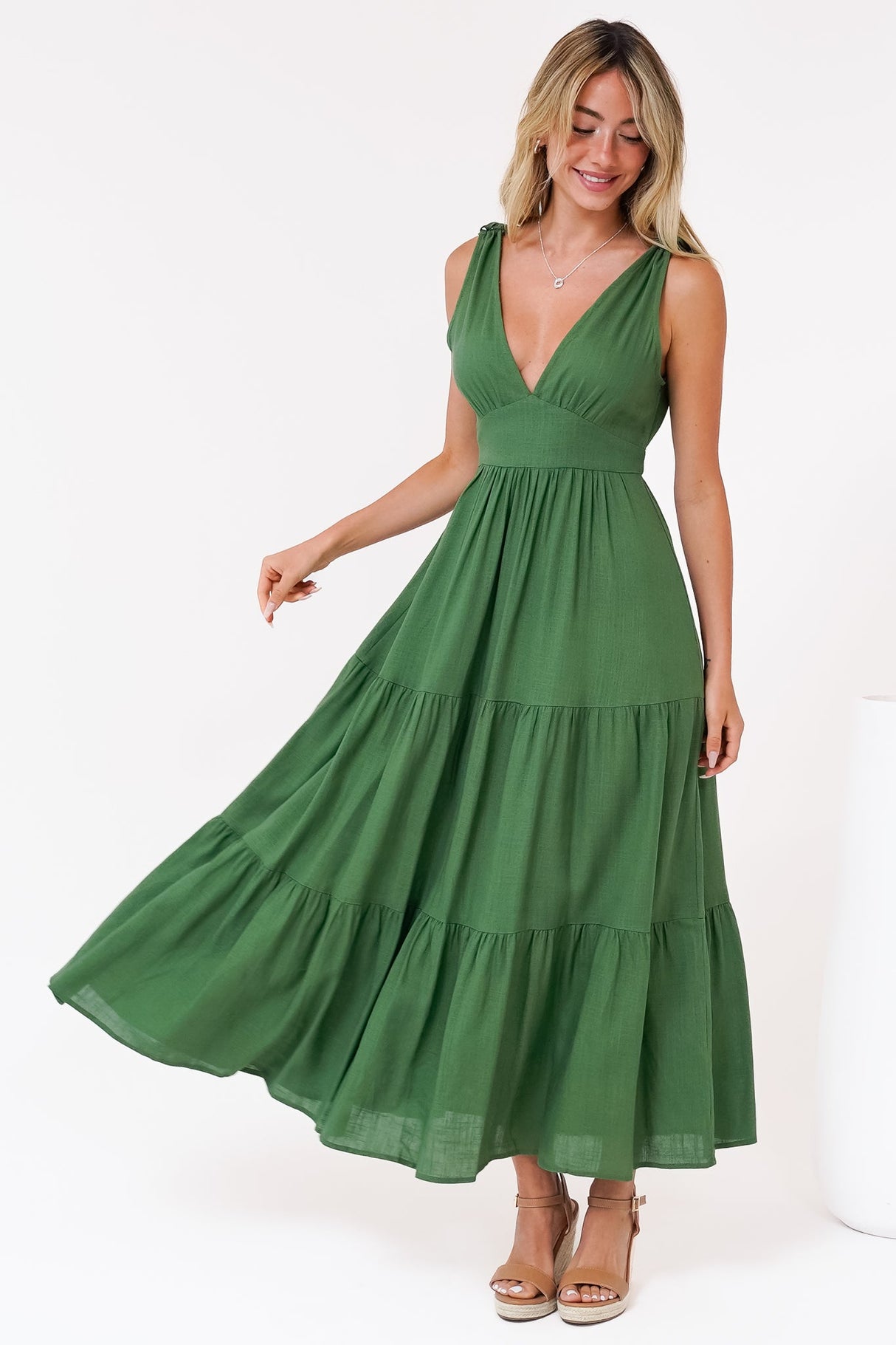 Maude Maxi Dress - Deep V-Neck Ties on Shoulders Tiered Dress in Green