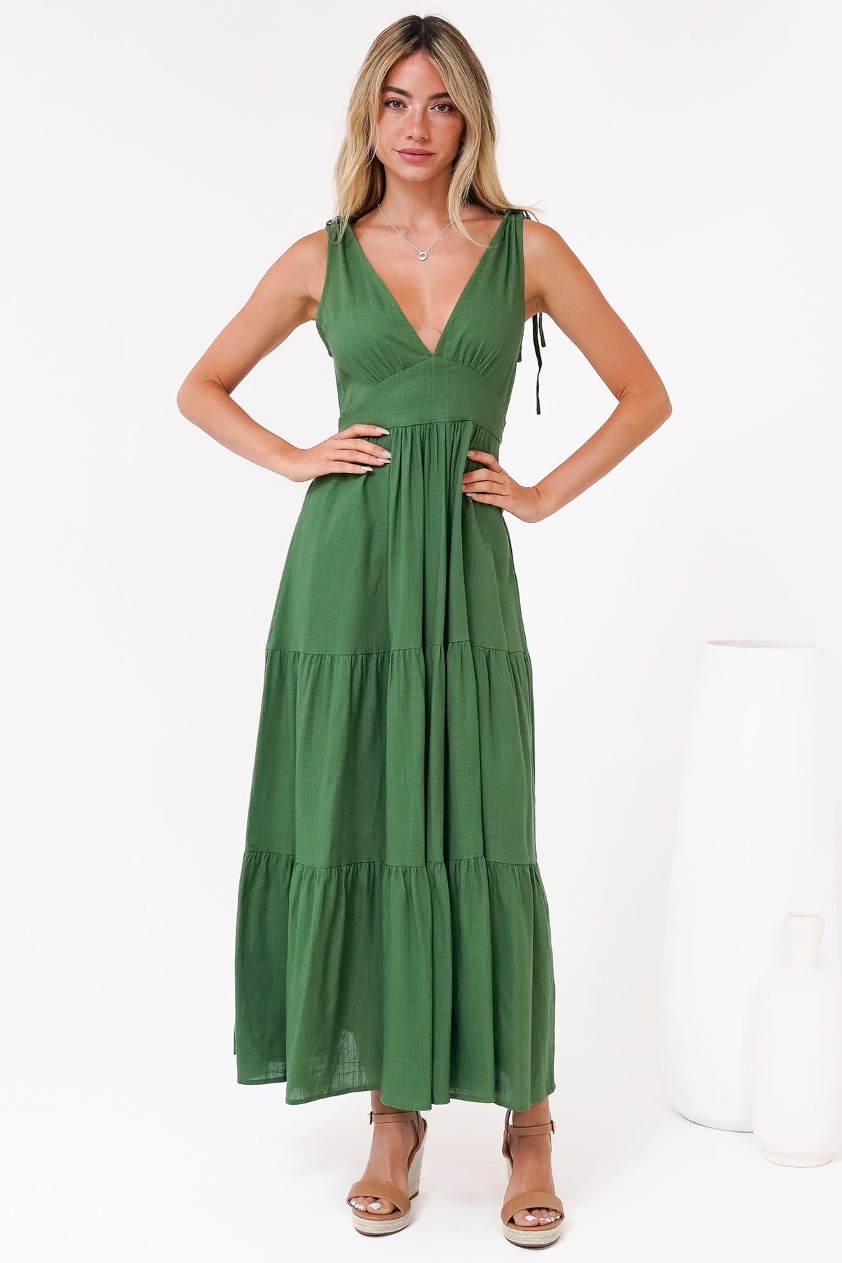 Maude Maxi Dress - Deep V-Neck Ties on Shoulders Tiered Dress in Green