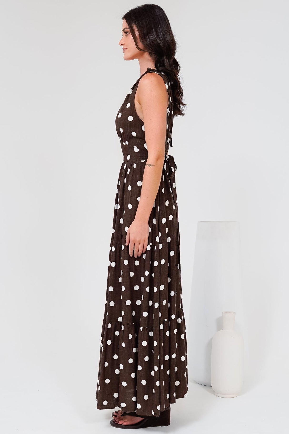 Maude Maxi Dress - Deep V-Neck Ties on Shoulders Tiered Dress in Kitson Spot Print Chocolate