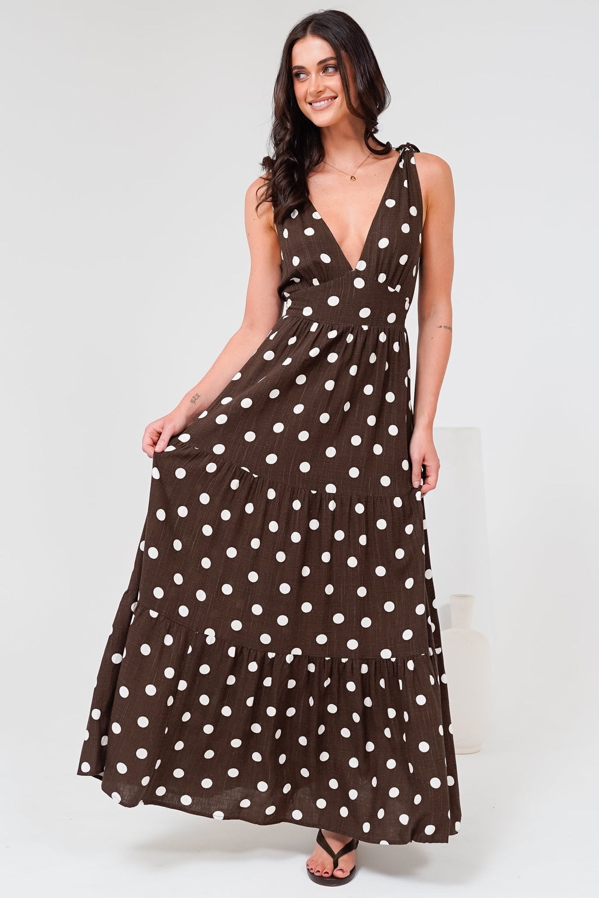 Maude Maxi Dress - Deep V-Neck Ties on Shoulders Tiered Dress in Kitson Spot Print Chocolate