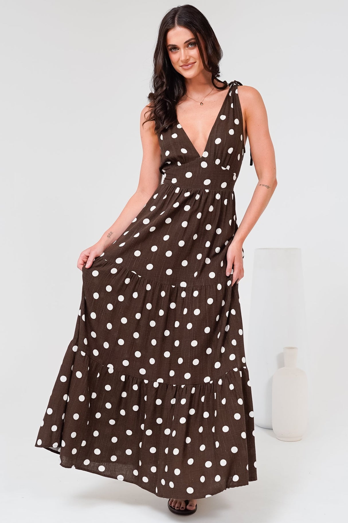 Maude Maxi Dress - Deep V-Neck Ties on Shoulders Tiered Dress in Kitson Spot Print Chocolate