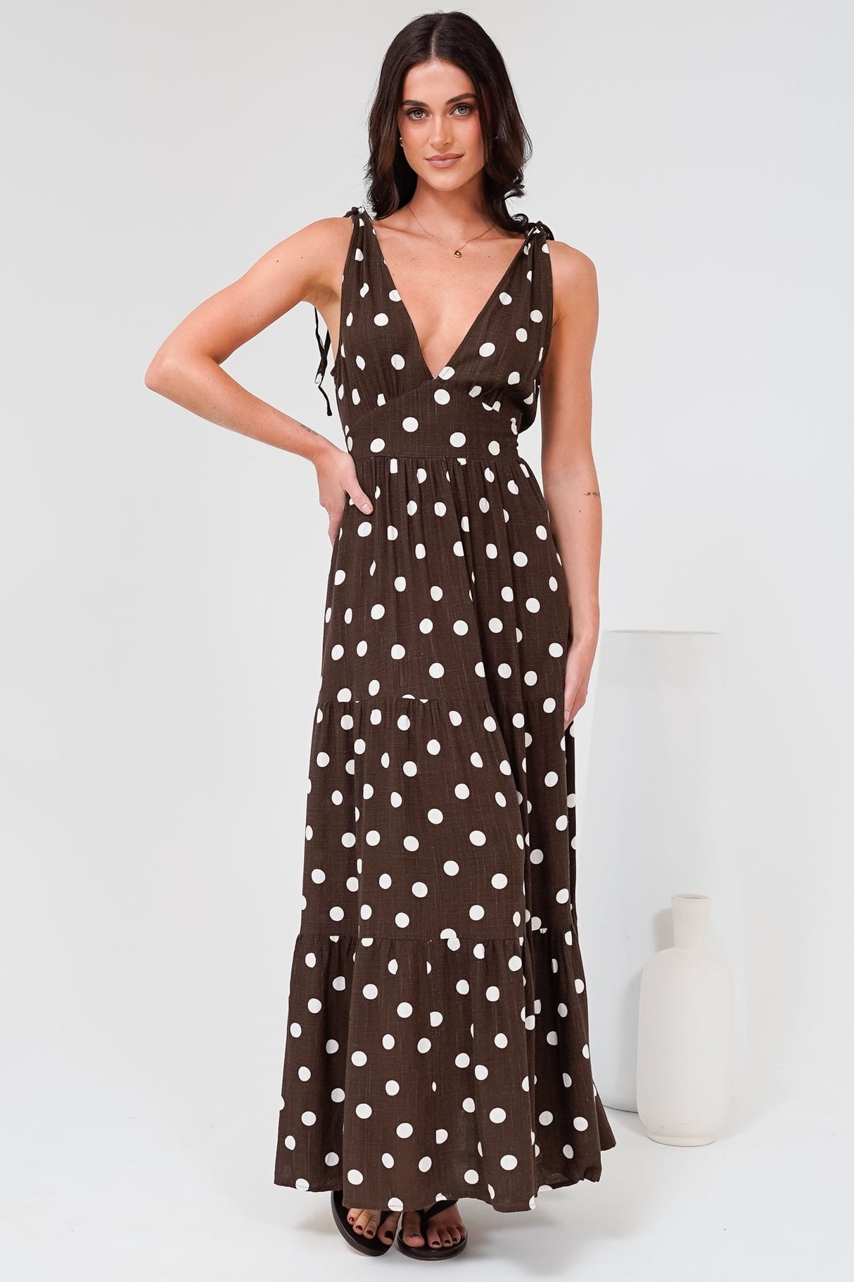 Maude Maxi Dress - Deep V-Neck Ties on Shoulders Tiered Dress in Kitson Spot Print Chocolate