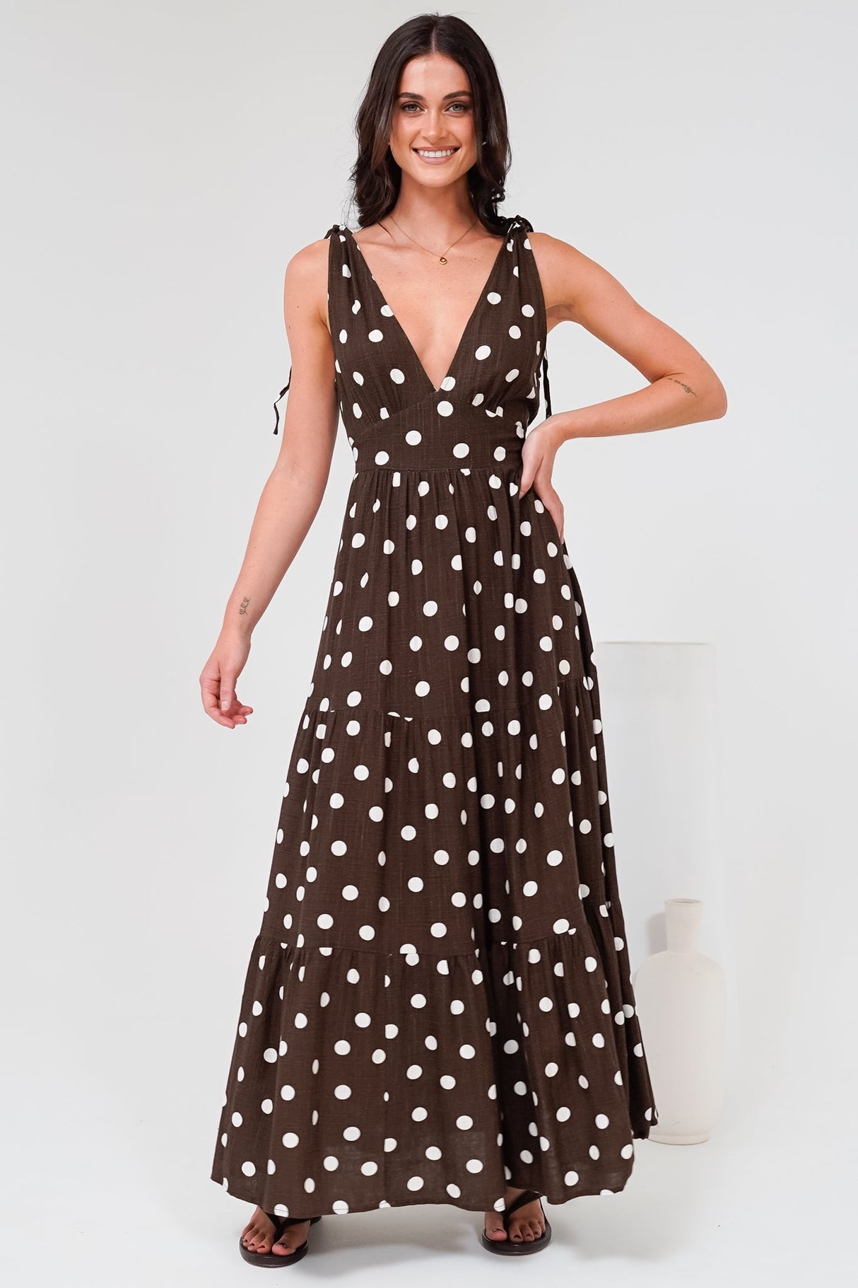 Maude Maxi Dress - Deep V-Neck Ties on Shoulders Tiered Dress in Kitson Spot Print Chocolate